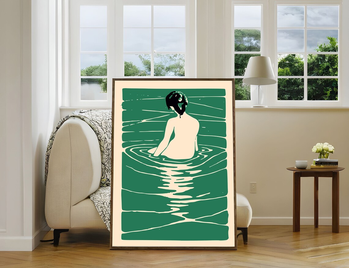Japanese Woodblock Woman Bathing Emerald Water Minimalist Poster - Image 5