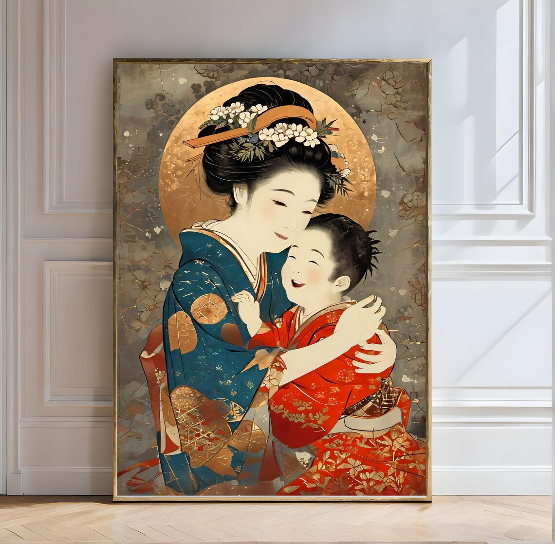 Mother and Child in Traditional Japanese Kimono Embrace Art Poster - Image 5