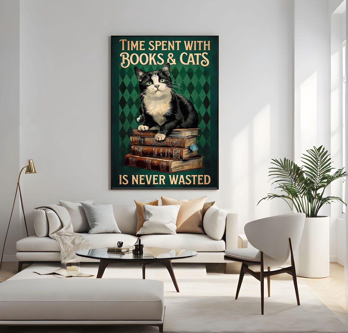 Time Spent With Books and Cats Tuxedo Cat Vintage Quote Art Poster - Image 4