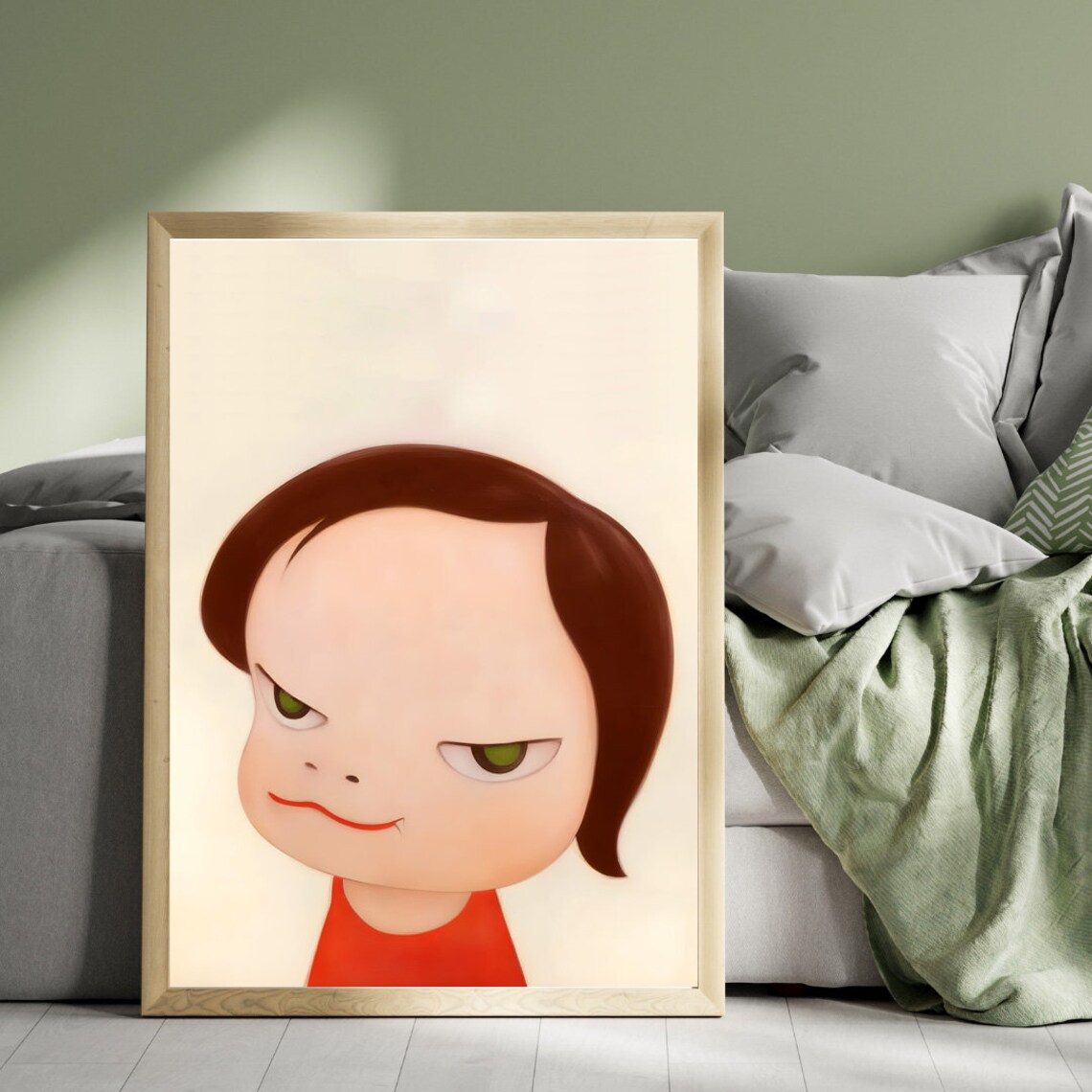 Yoshitomo Nara Green Eyes Girl Red Dress Moody Portrait Wall Art - Image 3