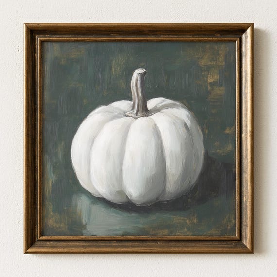 White Pumpkin Fall Harvest Oil Painting Still Life Art Print