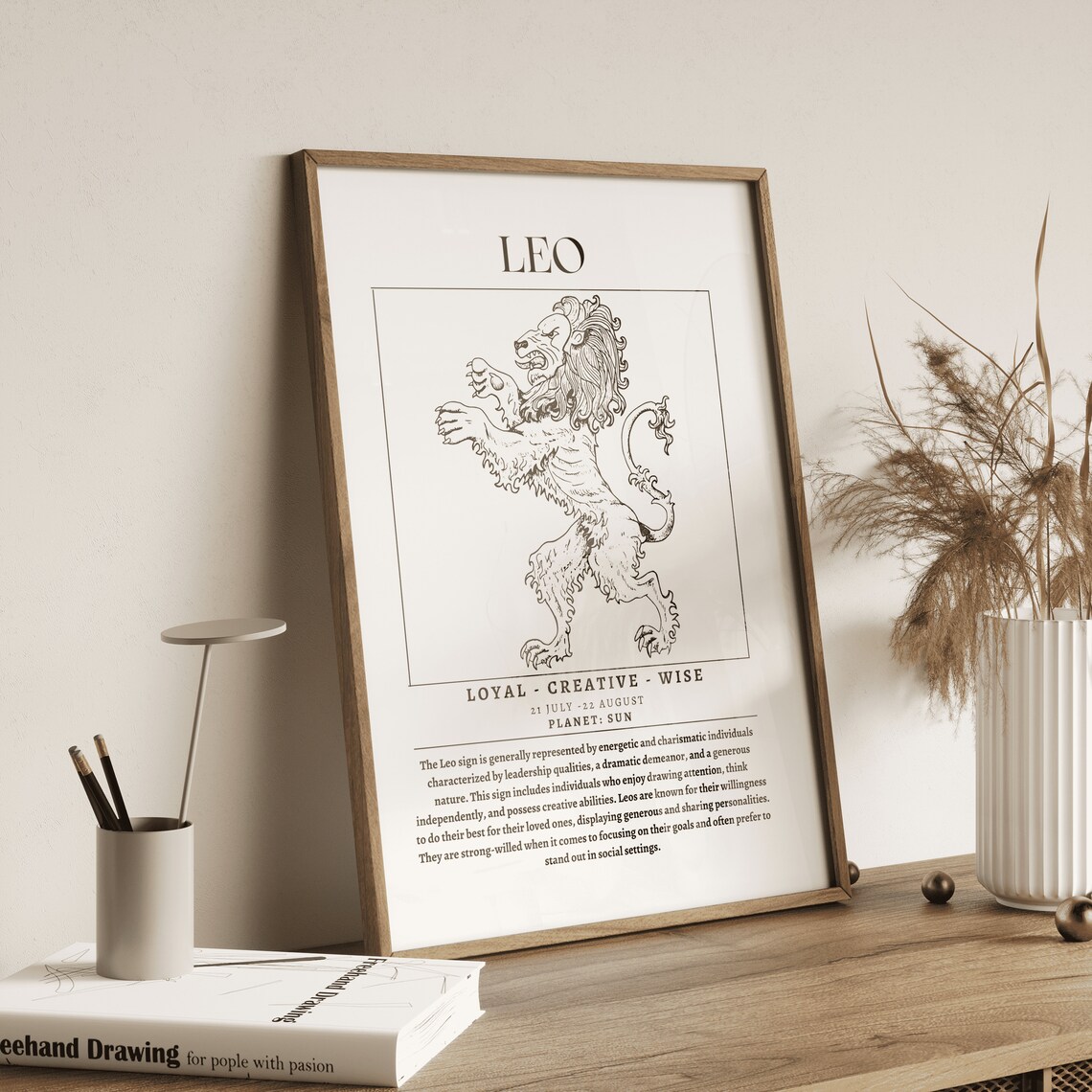 Leo Zodiac Lion Illustration Poster with Sign Traits for Astrology Wall Decor