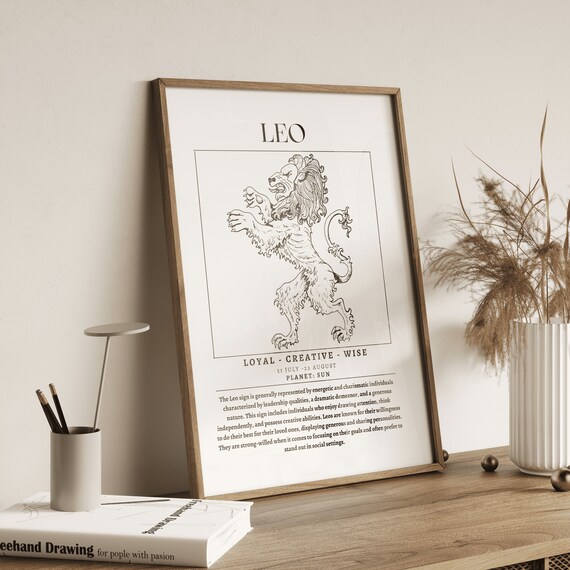 Leo Zodiac Lion Illustration Poster with Sign Traits for Astrology Wall Decor