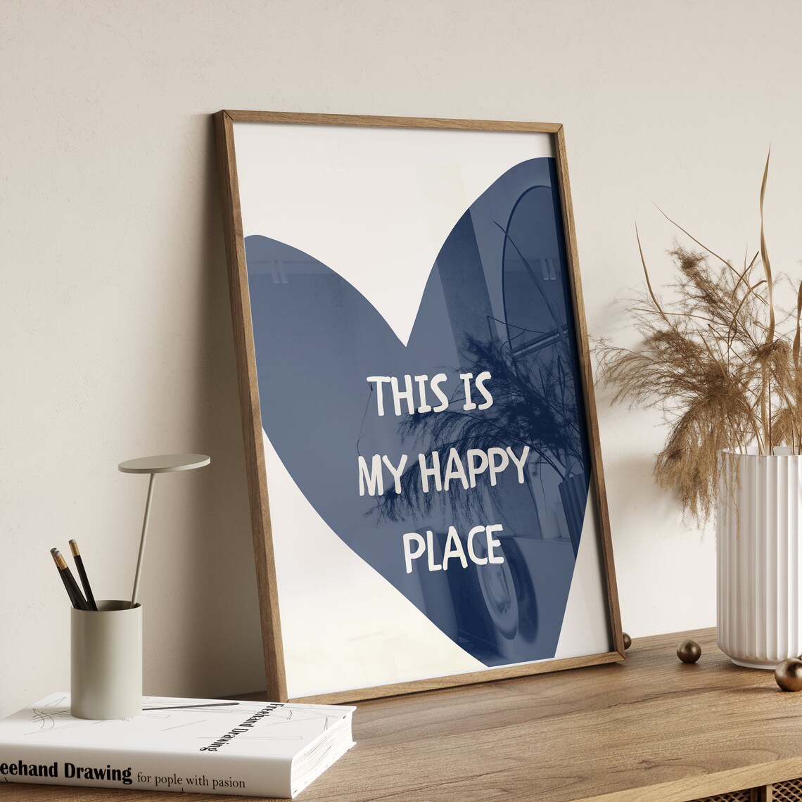 This Is My Happy Place Navy Blue Heart Sweet Typography Poster - Image 2