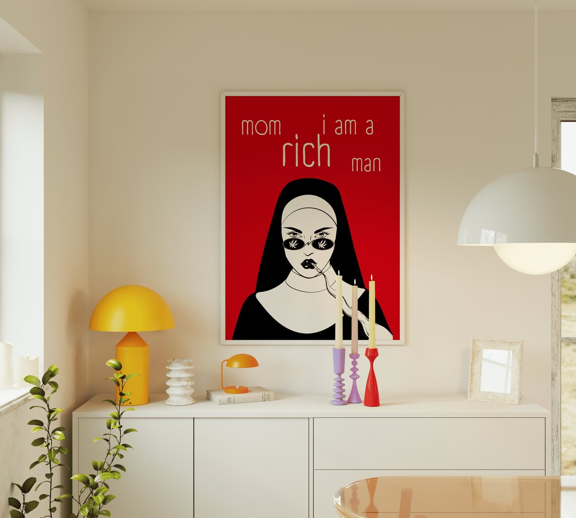 Mom I Am a Rich Man Edgy Nun Smoking Gothic Red Sunglasses Statement Poster - Image 4