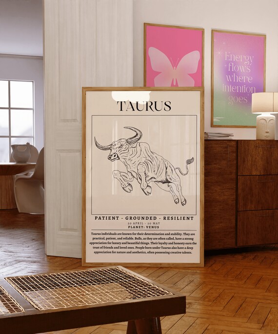 Taurus Zodiac Bull Sketch Poster with Sign Traits for Astrology Wall Decor