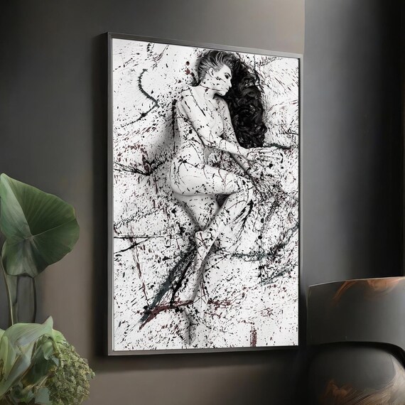Black and White Nude Woman Paint Splatter Expressive Art Poster