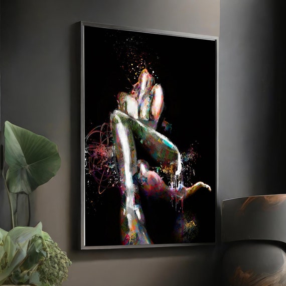Colorful Nude Woman Wall Art Print Red Splash On Black Background Modern Figurative Bedroom Decor Abstract Theme