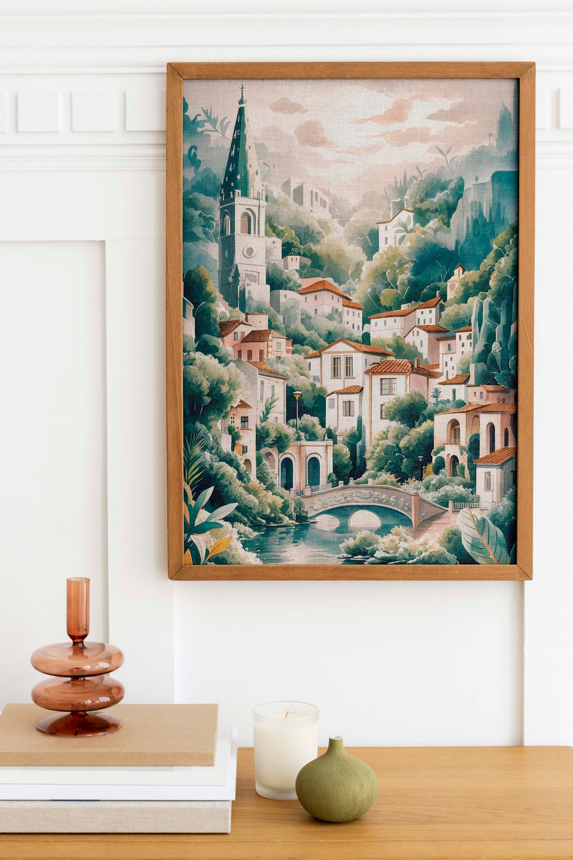 Fantasy White Hill Town With Church Watercolor Landscape Poster - Image 2