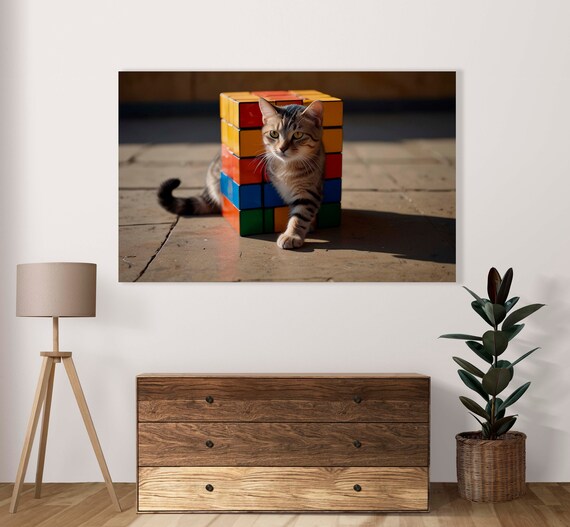 Magic Cat Through A Rubik Cube Poster Set Of 1 Image Home Artwork Schrdinger Cat Cubes Illustration