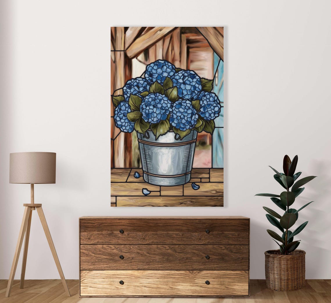 Blue Hydrangea Bloom Bouquet Stained Glass Style Metal Bucket Poster