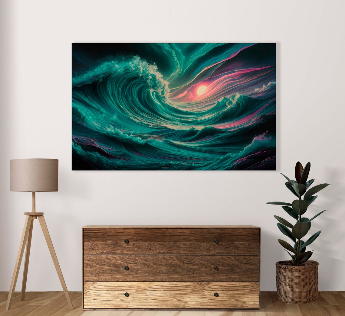 Curling Teal Wave Pink Storm Sunset Dramatic Ocean Art Poster