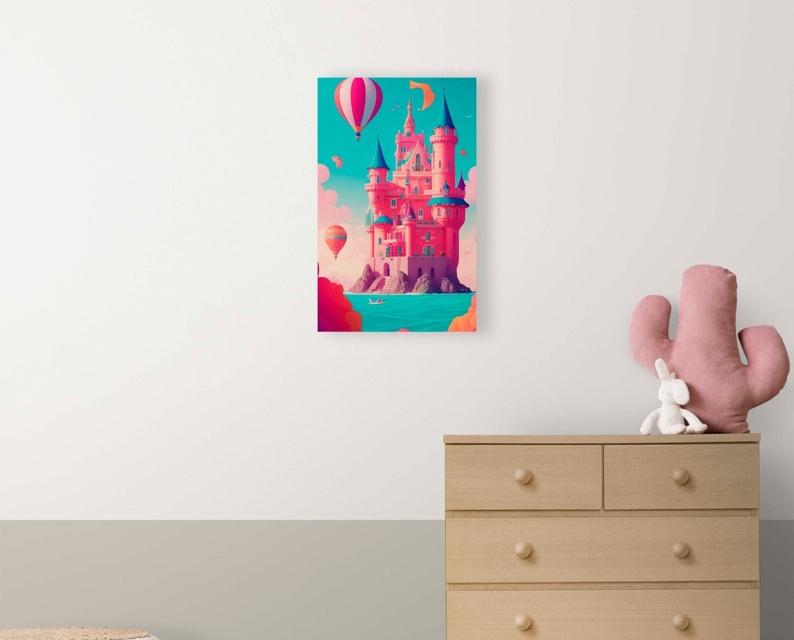 Pink Castle By The Sea With Hot Air Balloons Kids Art Poster - Image 2