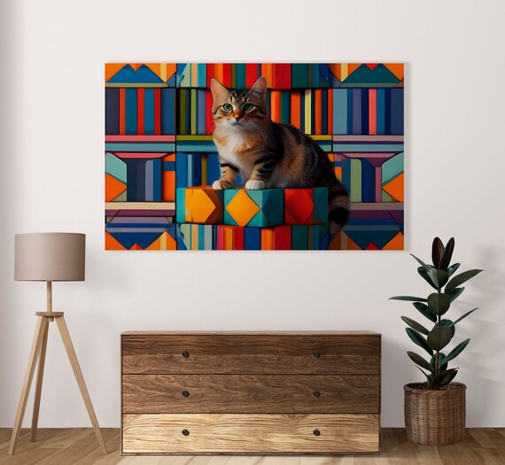 Green Eyed Tabby Cat Sitting On Colorful Geometric Cubes Poster