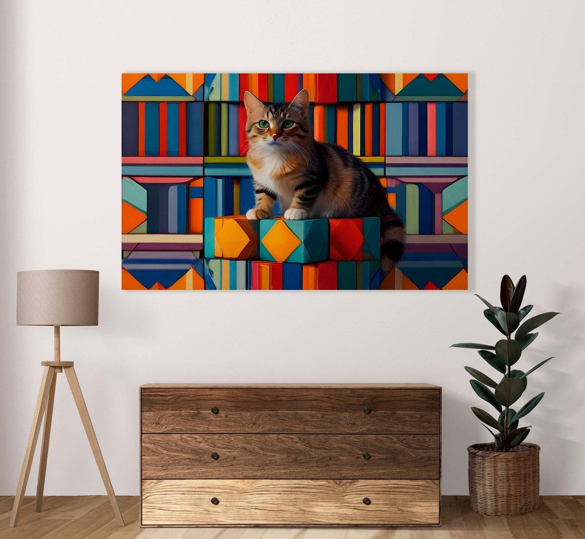Green Eyed Tabby Cat Sitting On Colorful Geometric Cubes Poster