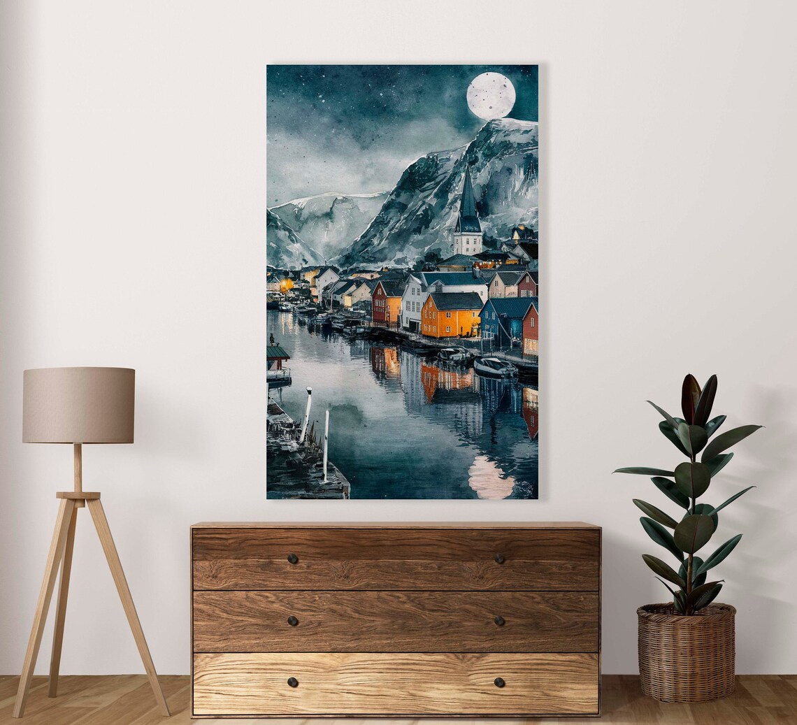 Snowy Lakeside Village Under A Full Moon Night Watercolor Poster