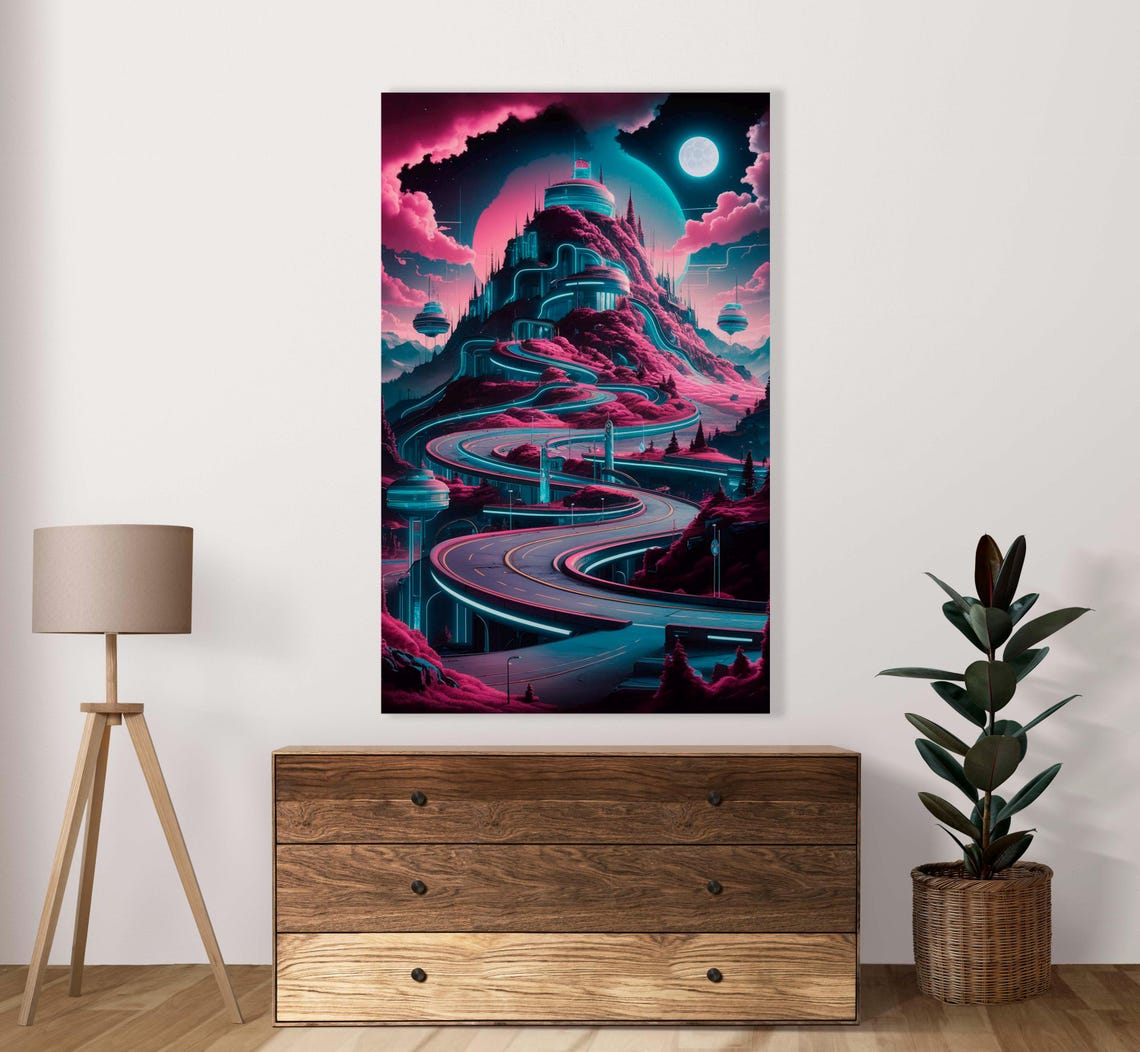 Neon Mountain Citadel At Night Cyberpunk Futuristic Art Poster