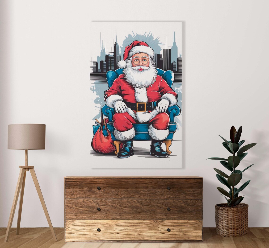 Santa Claus Armchair Portrait City Skyline Christmas Art Poster