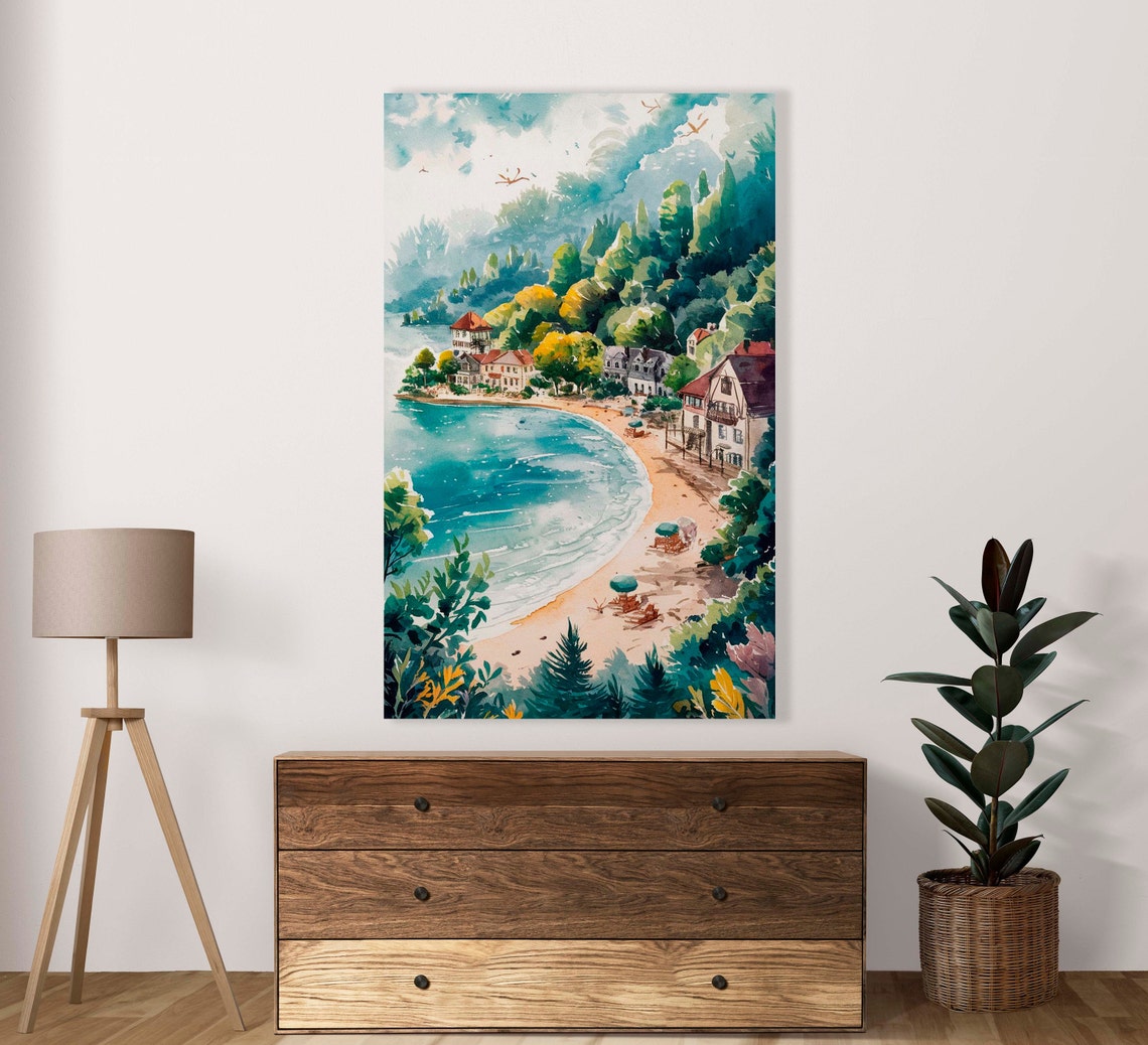 Seaside Cove Village Watercolor Beach Paradise Landscape Poster