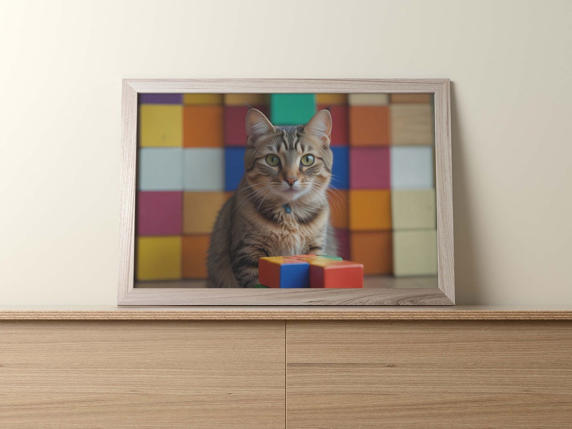 Tabby Cat Portrait With Small Rubiks Cube On Colorful Blocks Poster - Image 2