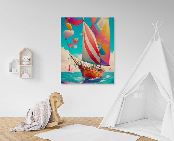 Vibrant Sailboat With Red Striped Sails And Floating Balloons Poster