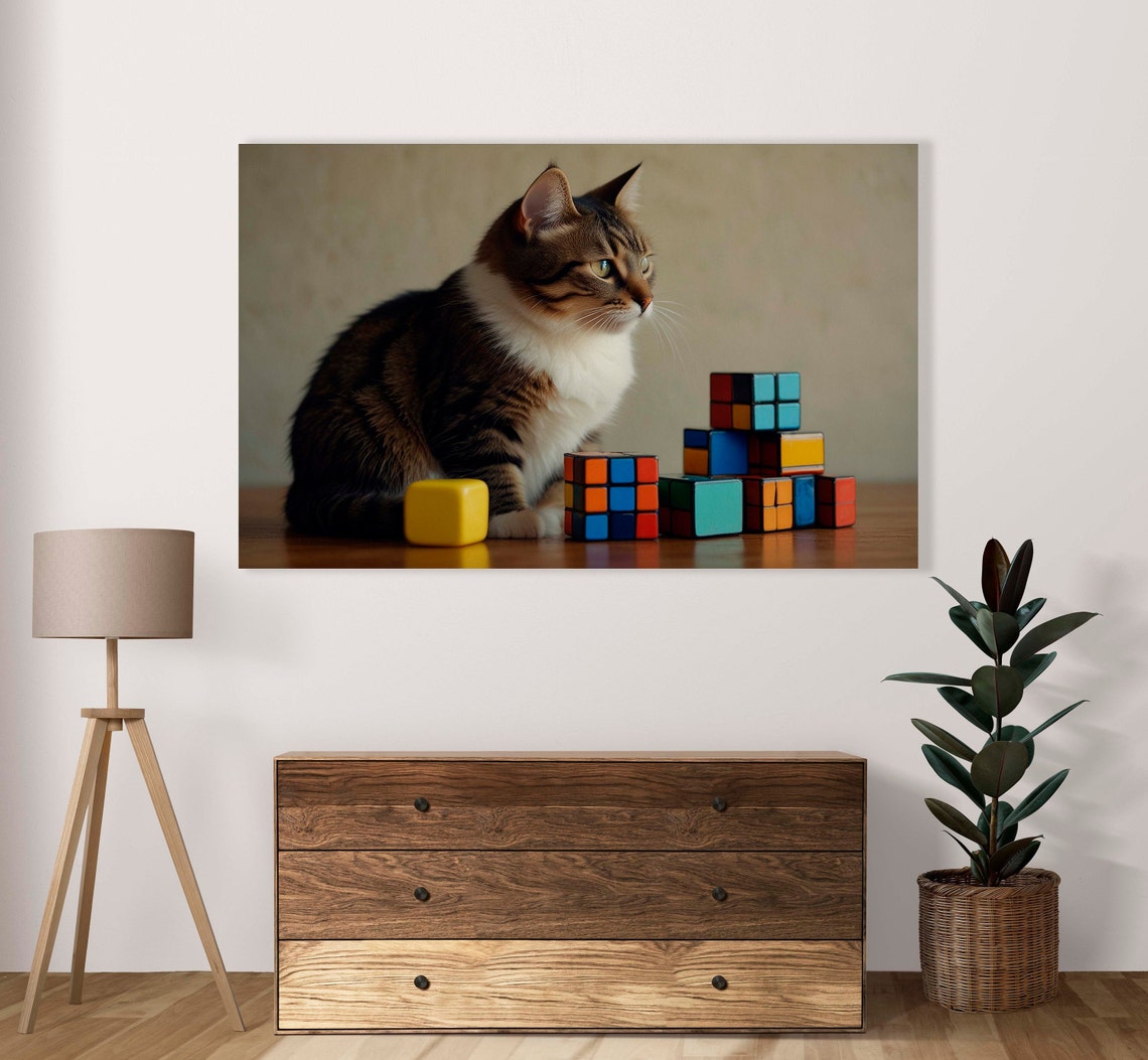 Tabby And White Cat Beside Rubik Cube Blocks Photo Art Poster