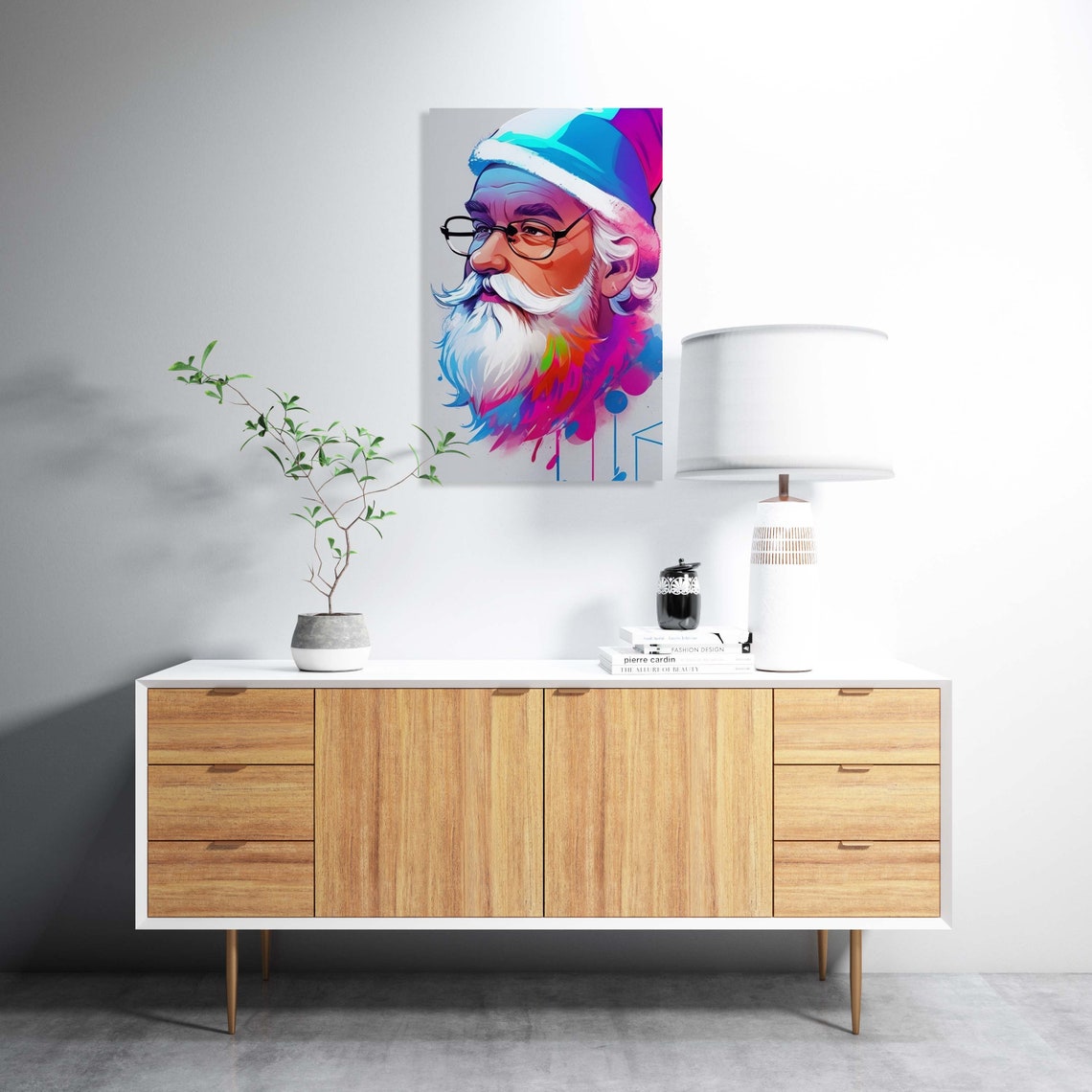 Santa With Glasses Profile Neon Watercolor Splash Art Poster - Image 2
