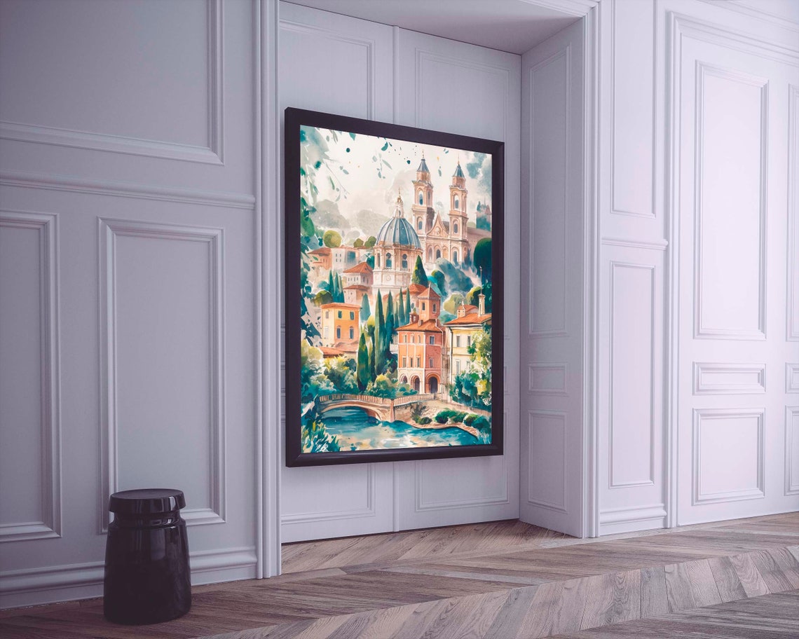 Historic Riverside Town With Domed Cathedral Watercolor Poster - Image 2