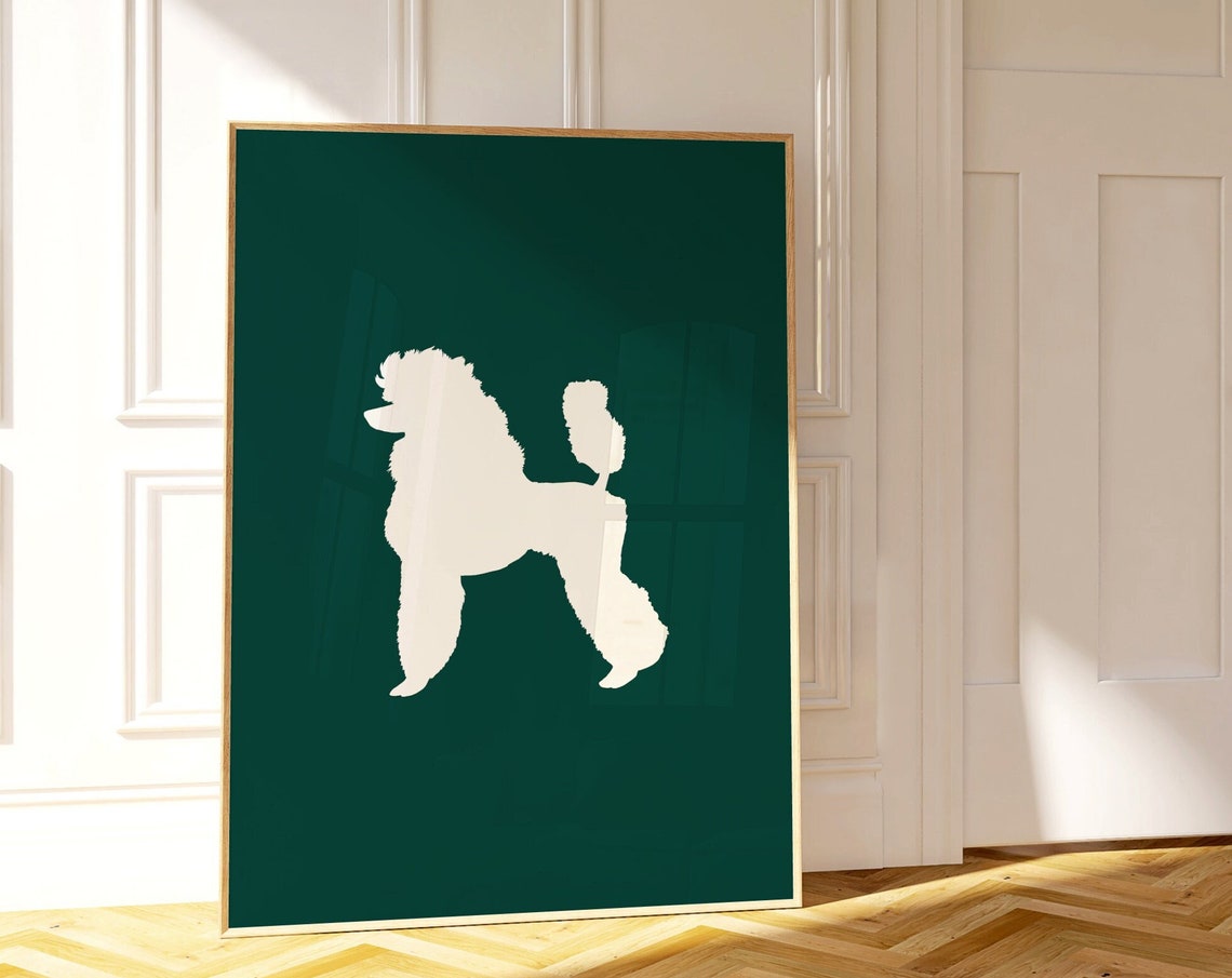 White Poodle Silhouette On Dark Green Minimalist Dog Lover Poster