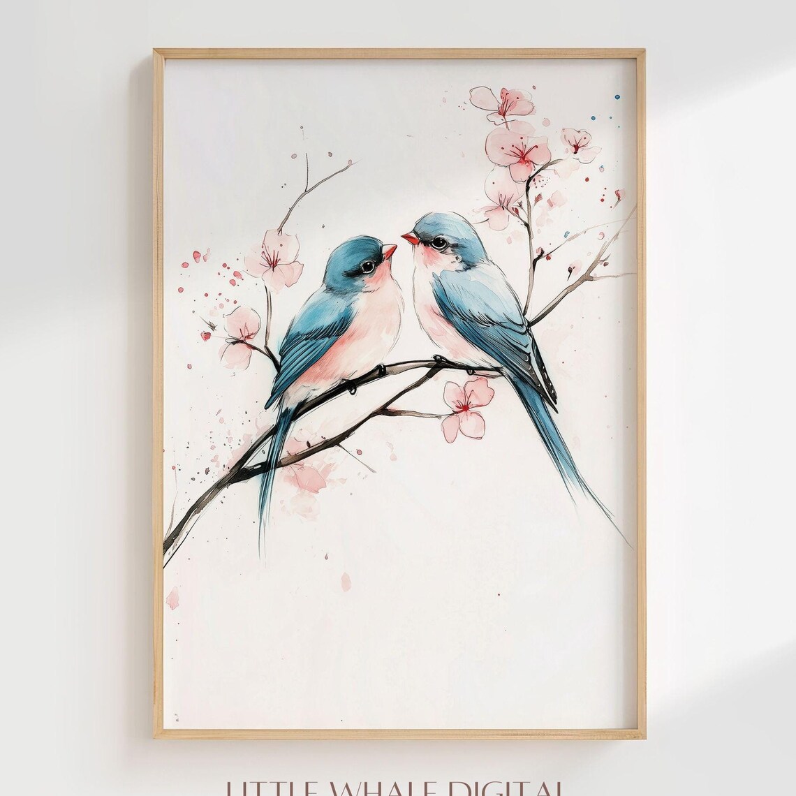 Watercolor Lovebirds On Blossom Branch Spring Bird Art Poster