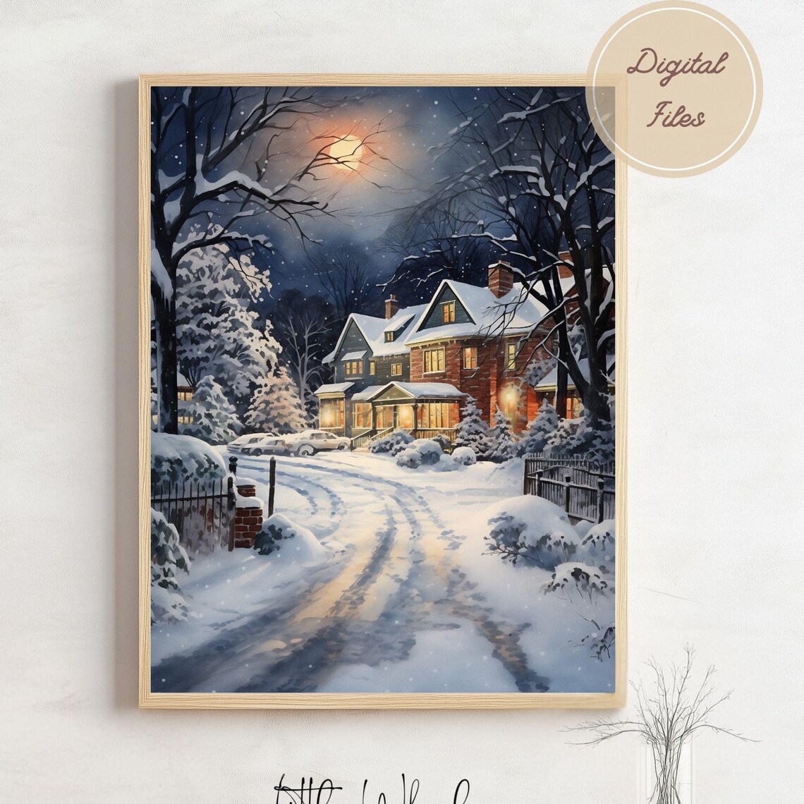 Moonlit Snowy Street with Glowing Houses Winter Night Art Print