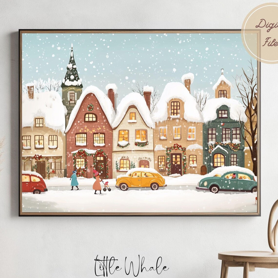 Snowy Old Town Street With Vintage Cars And Church Winter Poster - Image 3