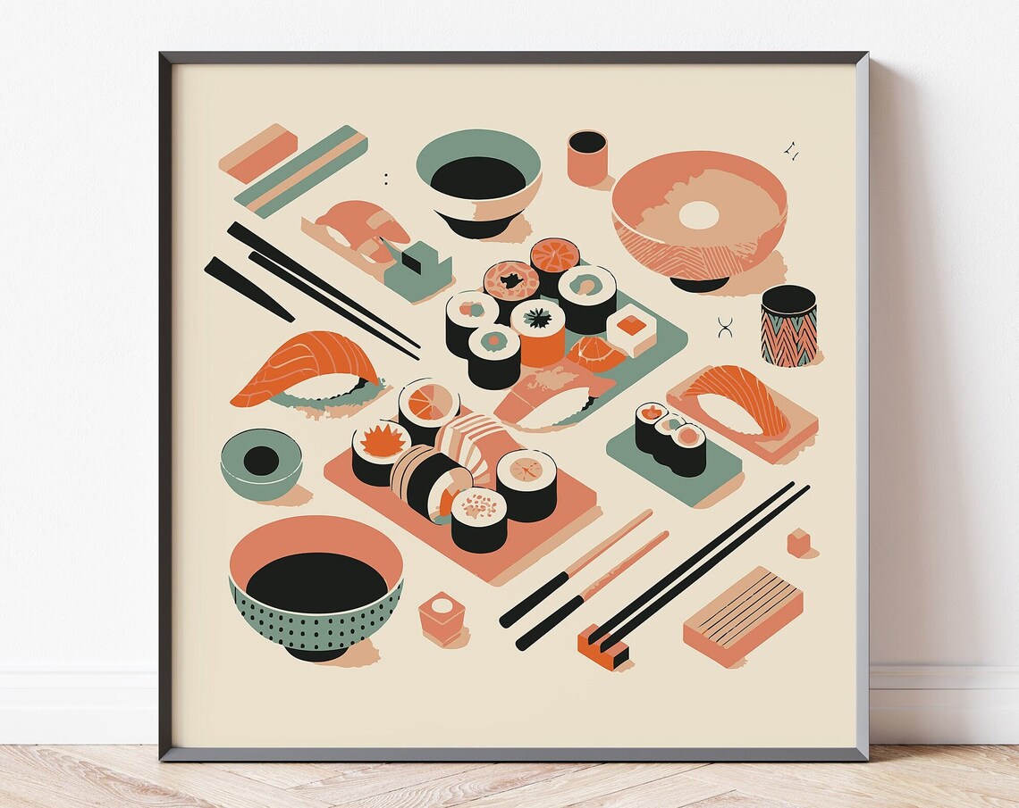 Sushi Sashimi Table Poster Square Japanese Food Illustration