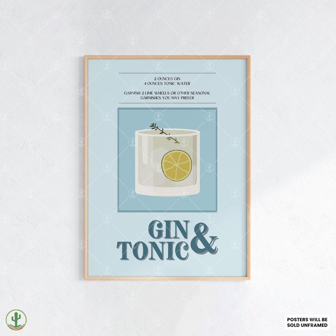 Gin and Tonic Lime Wheel Minimalist Blue Cocktail Recipe Poster