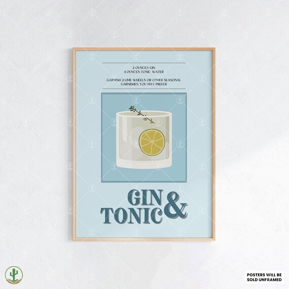 Gin and Tonic Lime Wheel Minimalist Blue Cocktail Recipe Poster