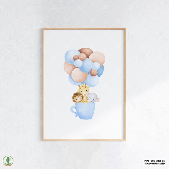 Cute Baby Animals Hot Air Balloon Cup Watercolor Nursery Poster