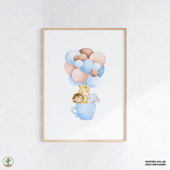 Safari Animals In Teacup Balloons Nursery Wall Art Print Cute Baby Room Decor Animal Kids Poster