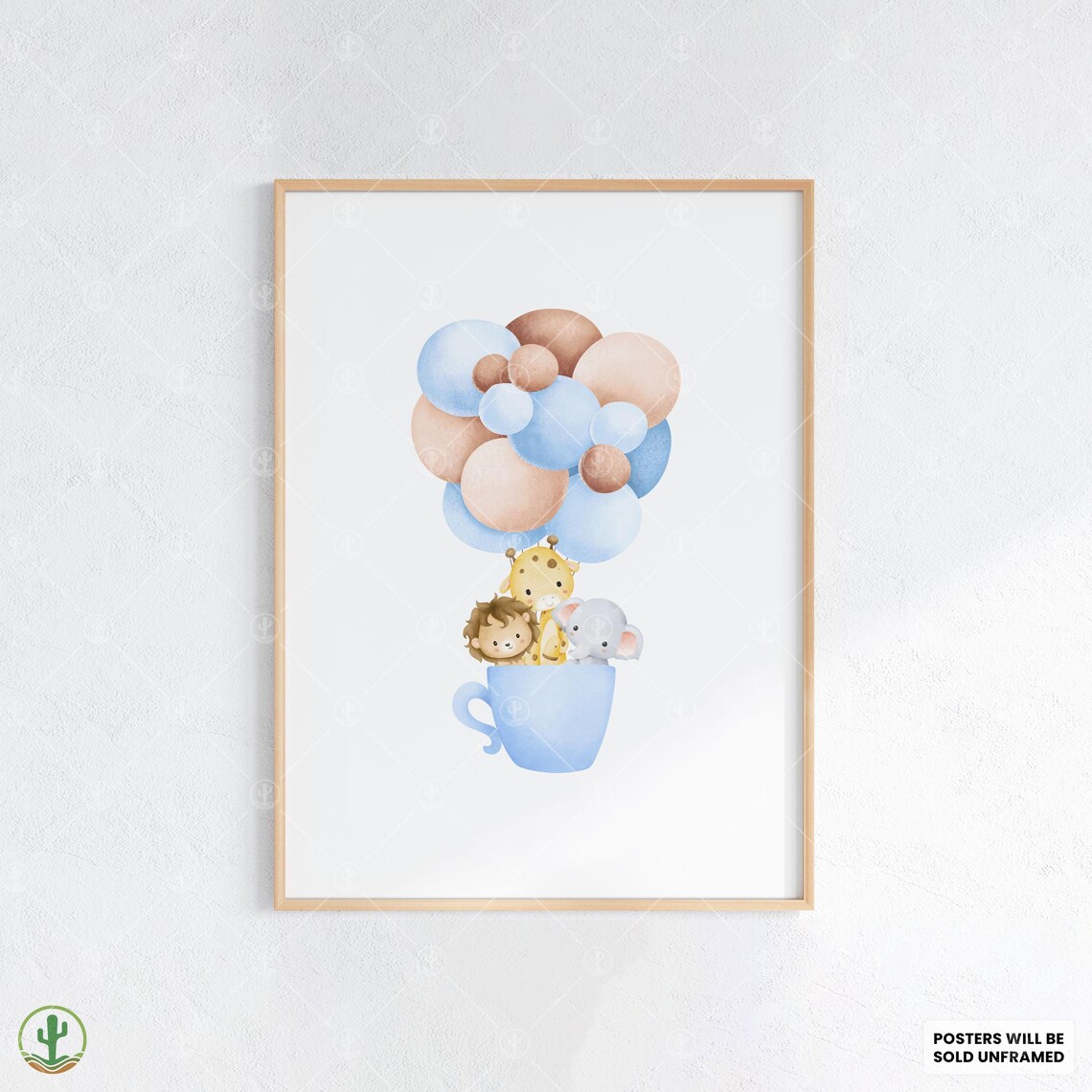 Cute Baby Animals Hot Air Balloon Cup Watercolor Nursery Poster