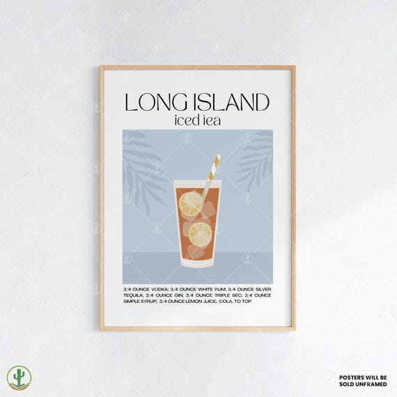 Long Island Iced Tea Cocktail Wall Art Print Bold Mixed Spirits Drink Poster With Recipe For Bar Kitchen Lounge Decor