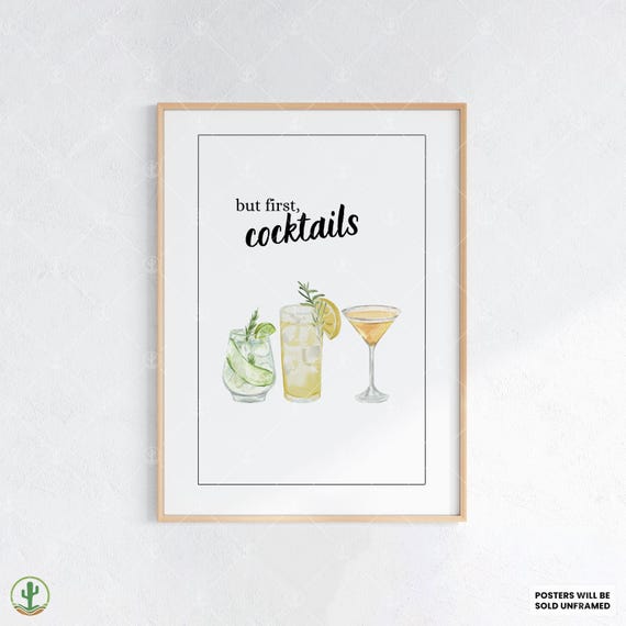 But First Cocktails Wall Art Print Watercolor Drink Illustration With Fun Quote For Kitchen Bar Lounge Or Cocktail Corner Decor