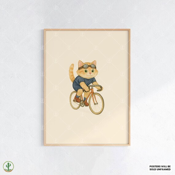 Cute Kitten Cyclist with Goggles Watercolor Poster for Kids Room