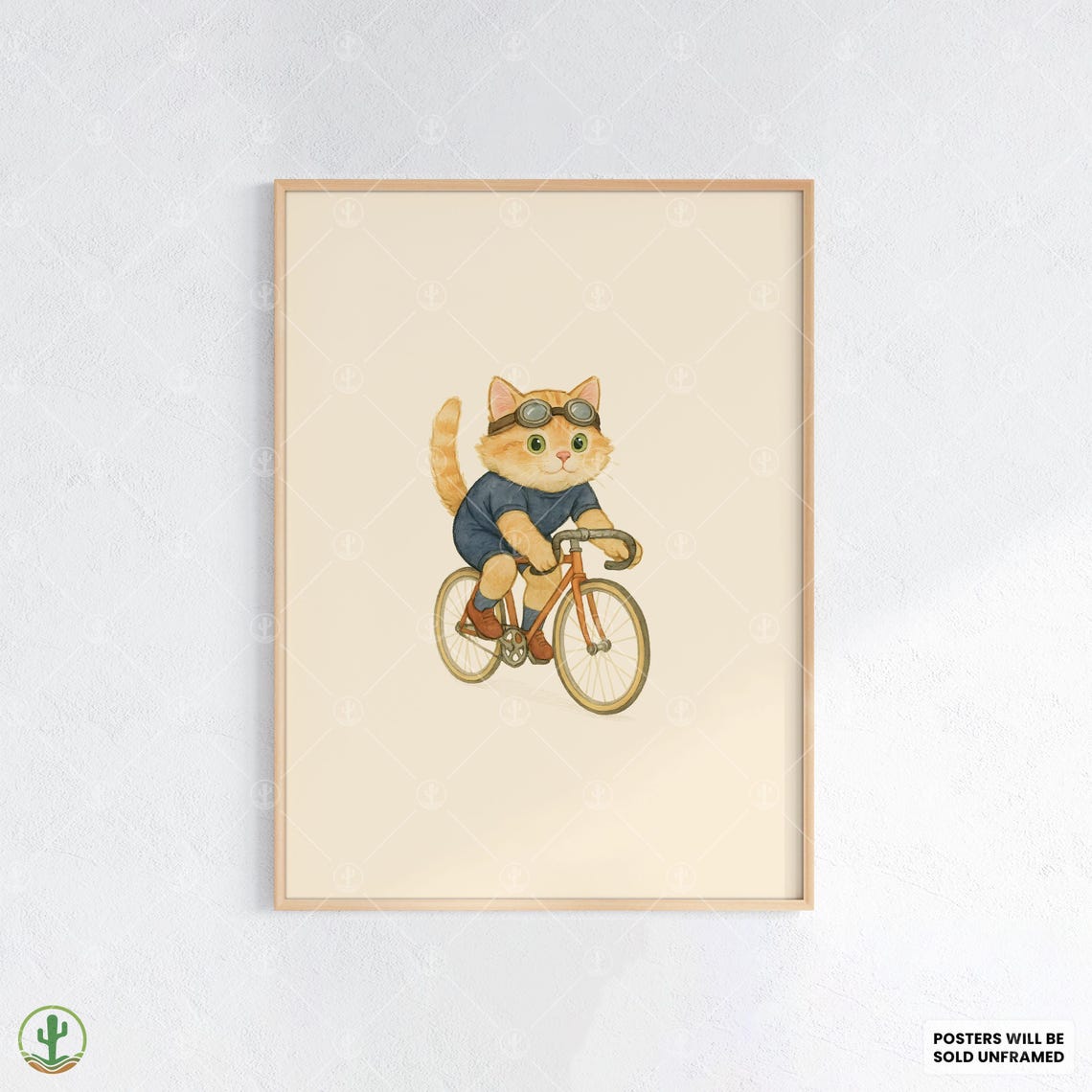 Cute Kitten Cyclist with Goggles Watercolor Poster for Kids Room