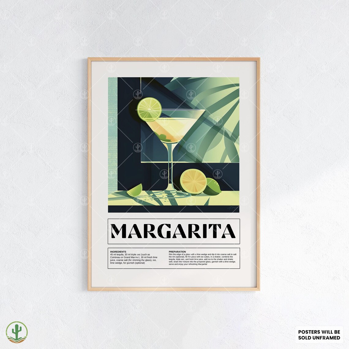 Margarita Cocktail Recipe Vintage Art Deco Tequila Lime Drink Poster