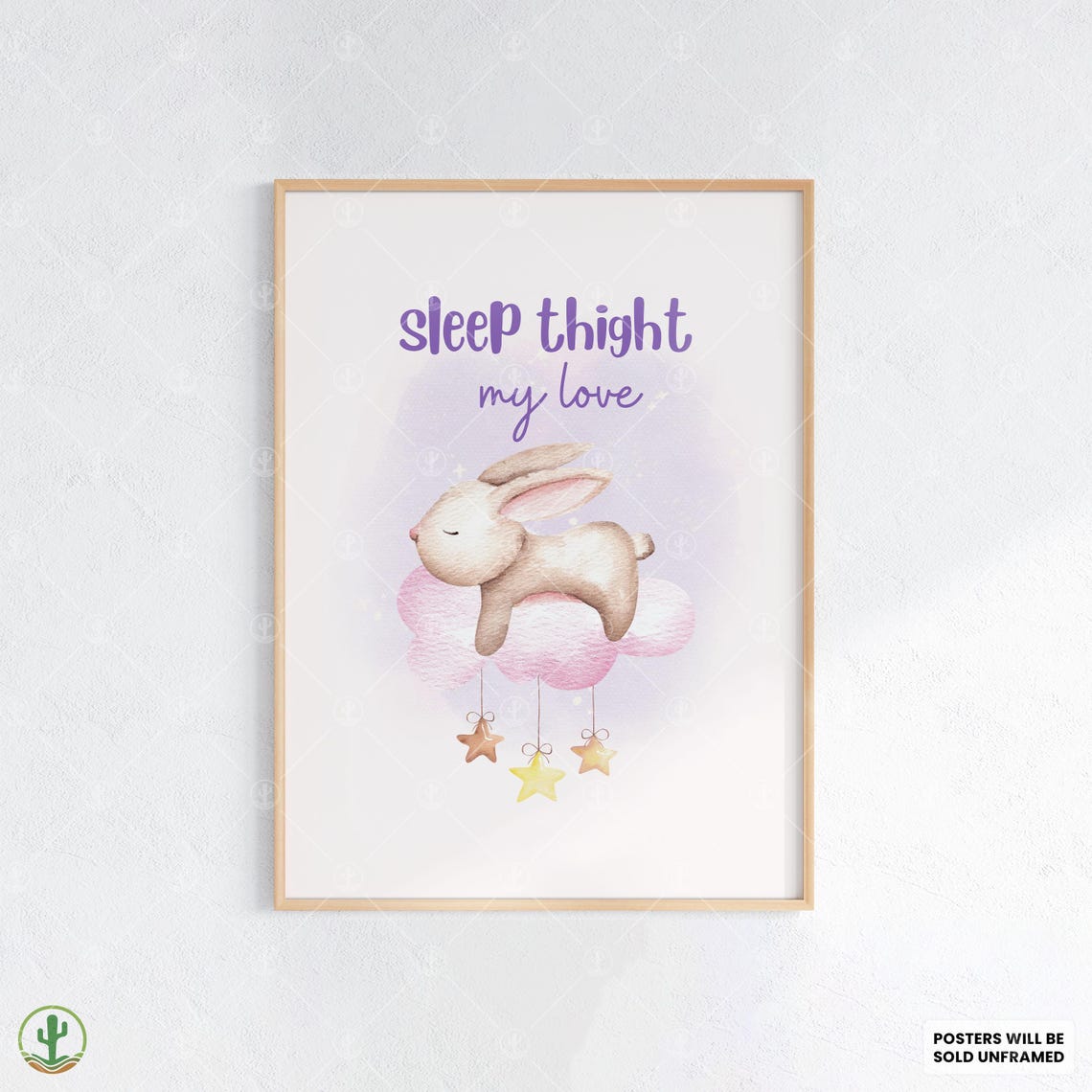 Sleeping Bunny Pink Cloud Hanging Stars Pastel Nursery Poster