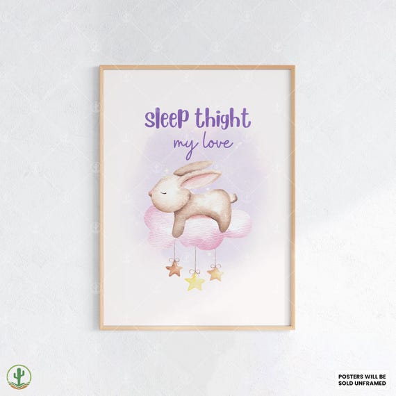 Sleeping Bunny On Cloud Nursery Wall Art Print Cute Baby Room Decor Animal Kids Poster
