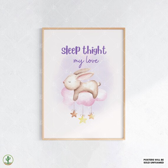 Sleeping Bunny Pink Cloud Hanging Stars Pastel Nursery Poster