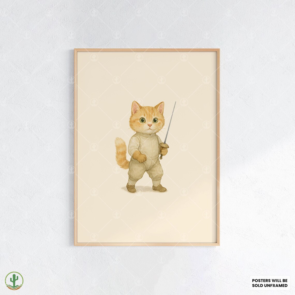 Orange Tabby Kitten Fencer in White Uniform Watercolor Sporty Art Print