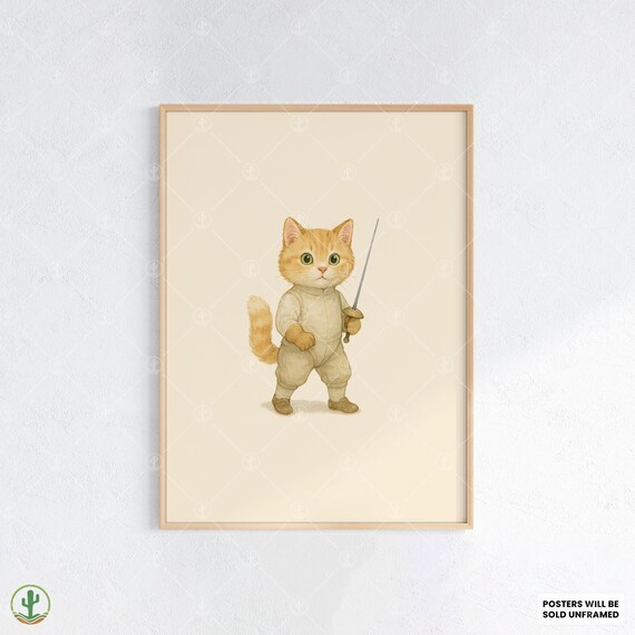 Orange Tabby Kitten Fencer in White Uniform Watercolor Sporty Art Print