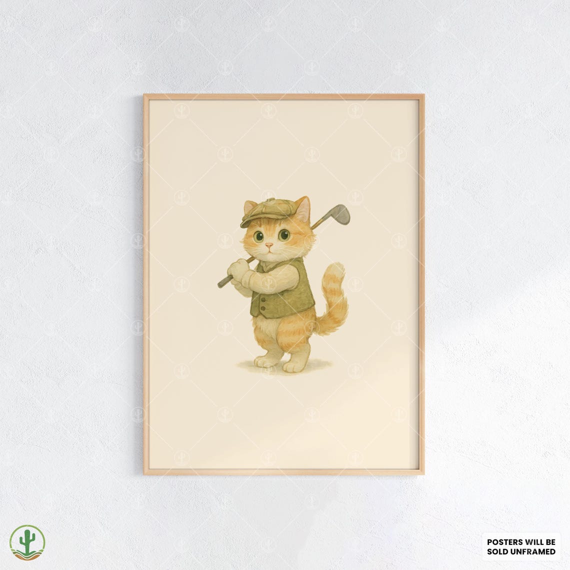 Cute Kitten Golfer Watercolor Poster for Nursery and Kids Decor