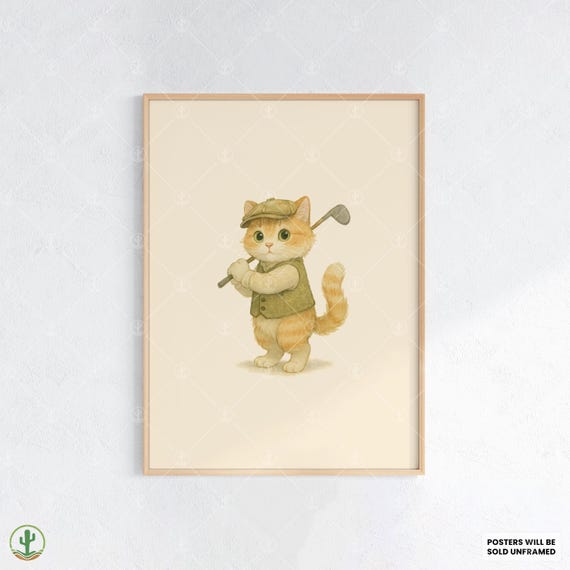 Vintage Golf Cat Poster Print Adorable Orange Kitten In Classic Outfit With Club Kids Animal Sports Wall Art Decor